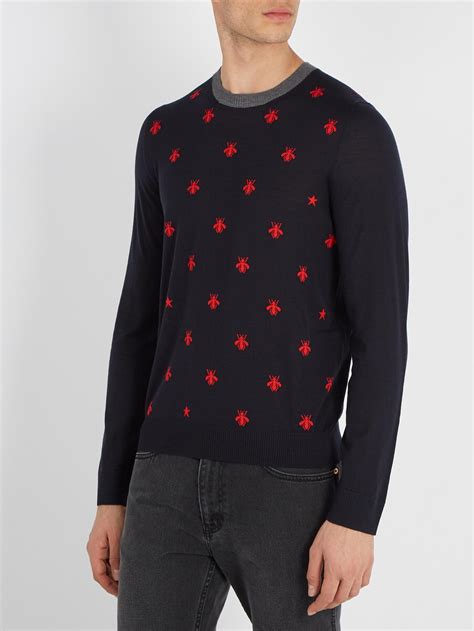 gucci sweater blue red|Gucci bee embroidered sweater.